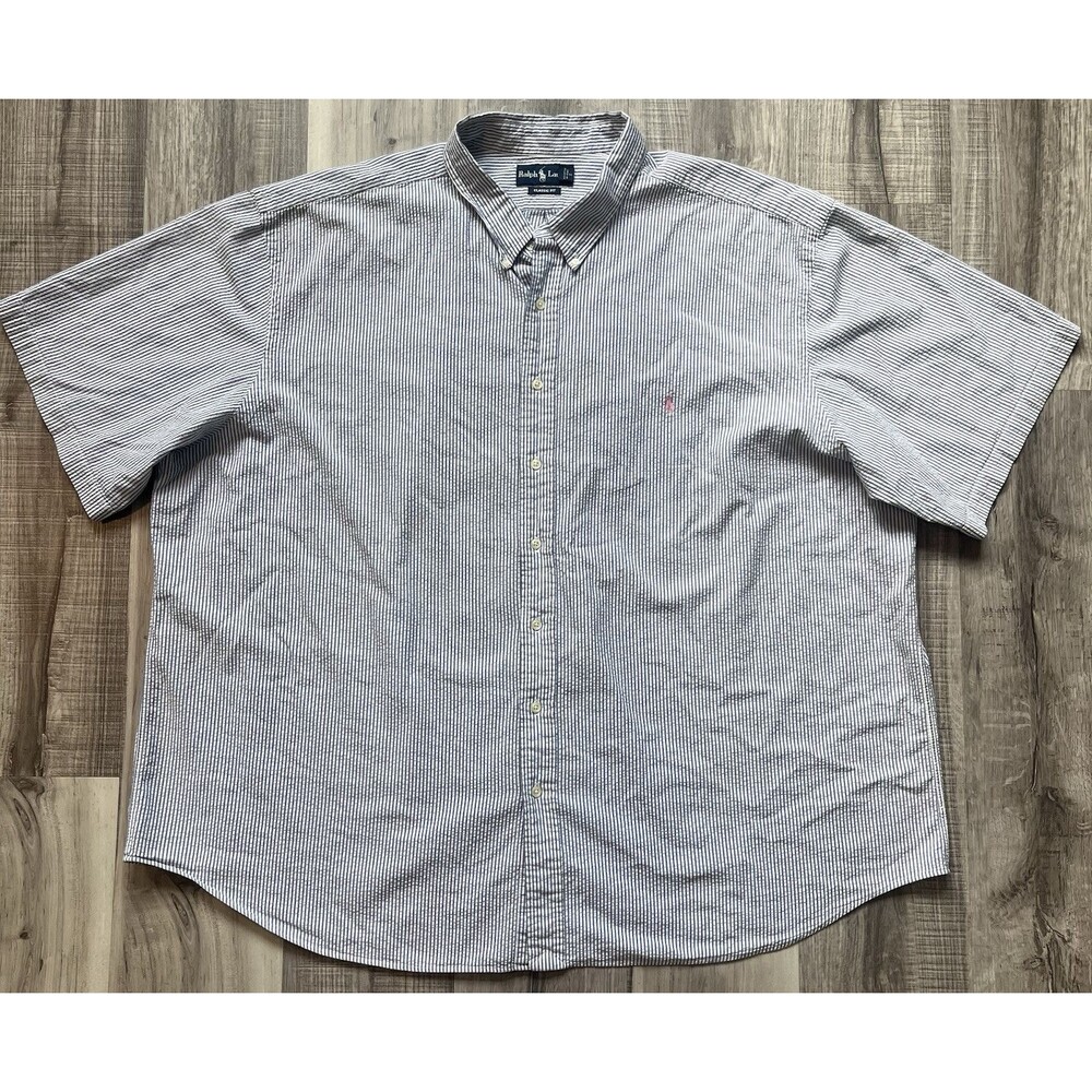 Ralph Lauren Shirt Mens Size 4XB Seer Sucker Blue White Stripe SS Button Up